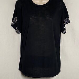 Vocal Black Short Sleeve Tee with Rhinestone Sleeve Accents